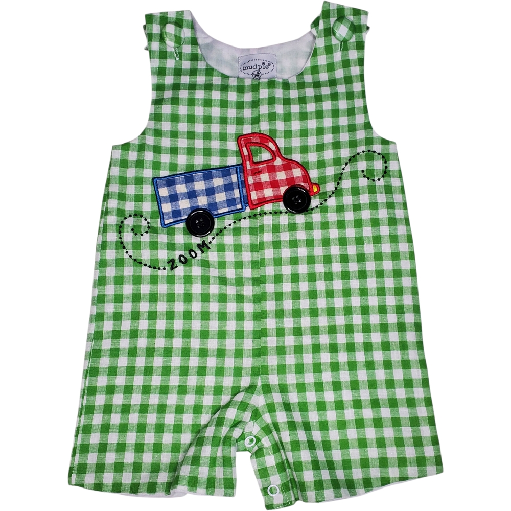 Mud Pie Baby Romper Green Checkered Truck Design Baby Boys 9-12 Months